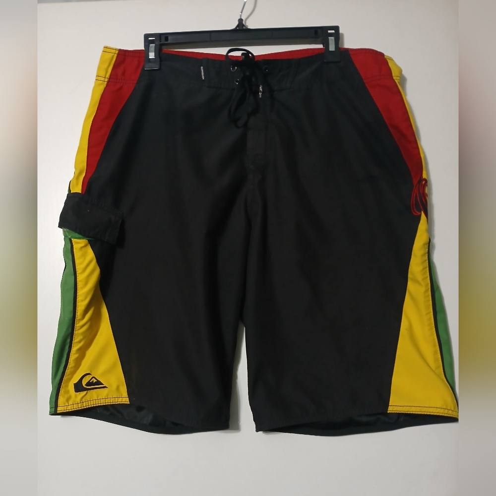 Quiksilver Black Board Shorts with Red and Yellow Accents
